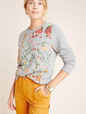 Maeve by Anthropologie Gray Sweatshirt with Pink and Red Floral Embroidery